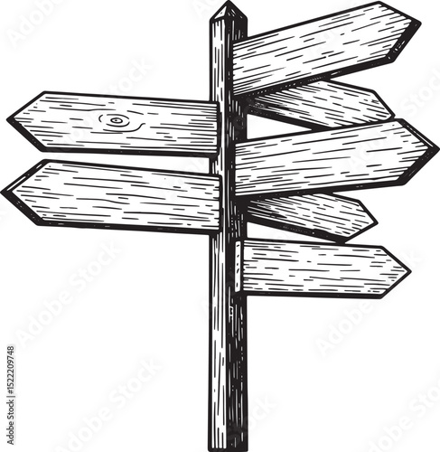 Monochrome woodcut directional sign with multiple blank arrows p