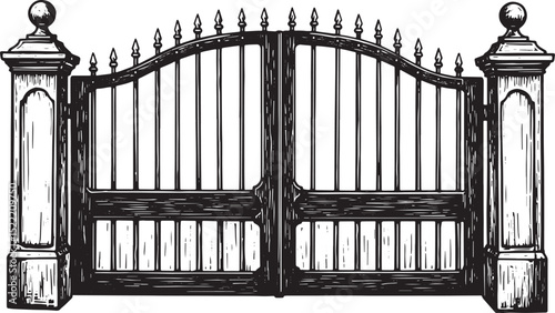 Ornate Iron Gate Vintage Woodcut Illustration: Architectural Ent
