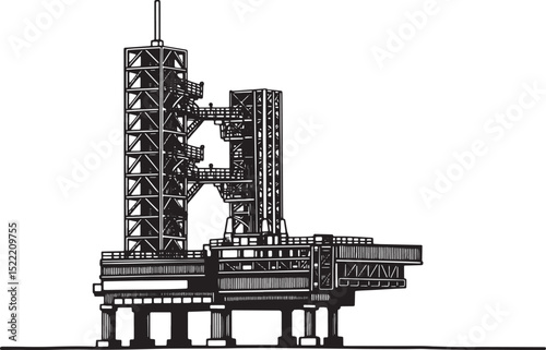 Black and white woodcut illustration of a space rocket launch pa