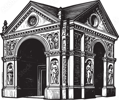 Renaissance Monument Woodcut Drawing, A Detailed Black and White