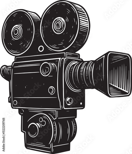 Vintage Movie Camera Woodcut, A Classic Black and White Illustra