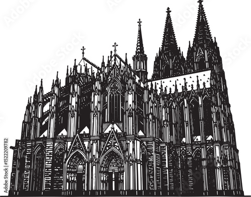 Detailed woodcut illustration of a magnificent gothic cathedral