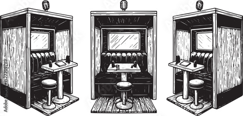 Detailed Woodcut Illustration of Vintage Karaoke Booths in Black