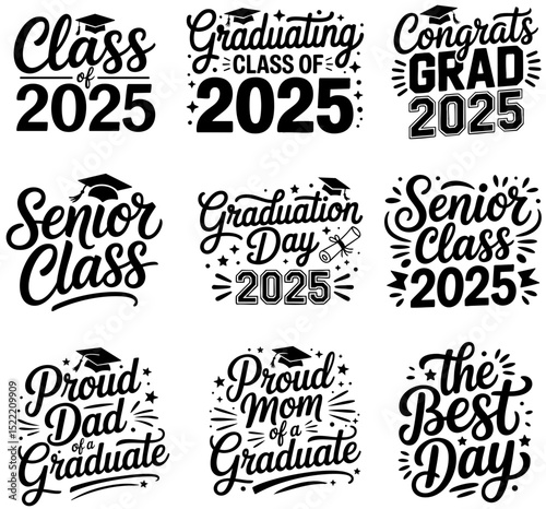 Graduation 2025 SVG Vector Design Set; Black; Transparent Background