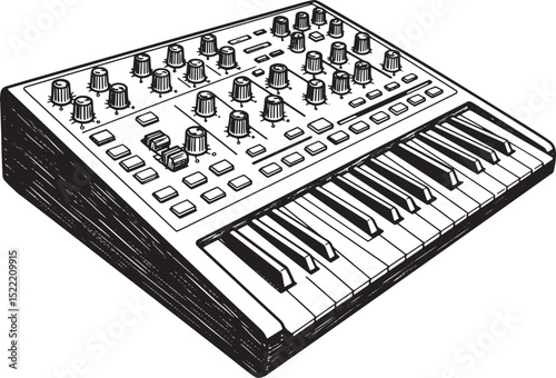 Monochrome woodcut illustration of a MIDI controller synthesizer