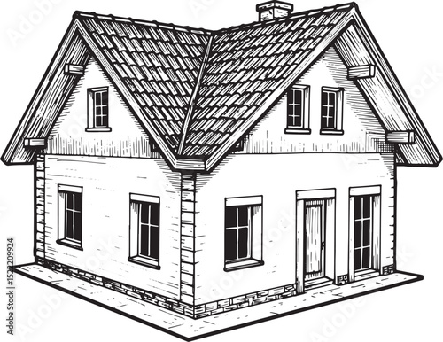 Detailed Woodcut Illustration of a Charming House with Tiled Roo