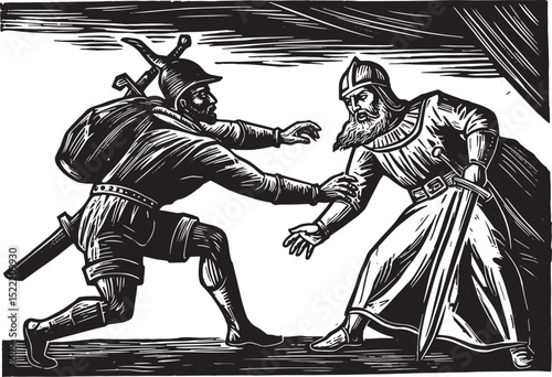 Dramatic Confrontation, A Black and White Woodcut Illustration D