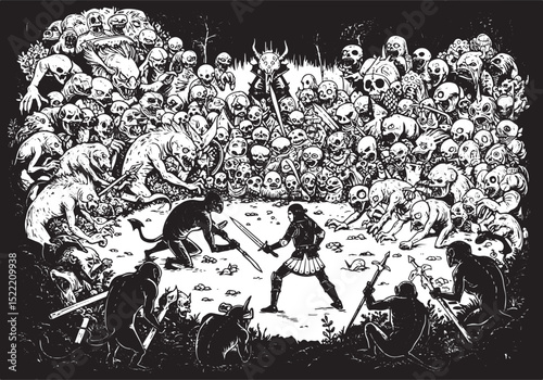 Intense showdown amidst a macabre horde: A hero's duel against d