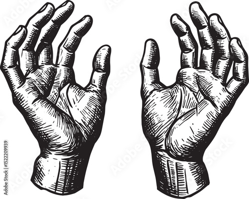 Detailed Woodcut Illustration of Pleading Hands in Black and Whi
