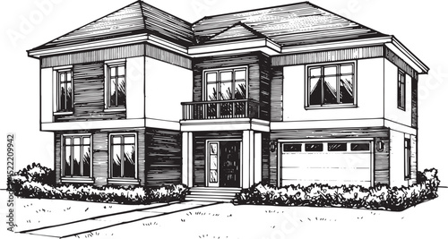 Elegant Two-Story Home Woodcut, A Detailed Black and White Illus
