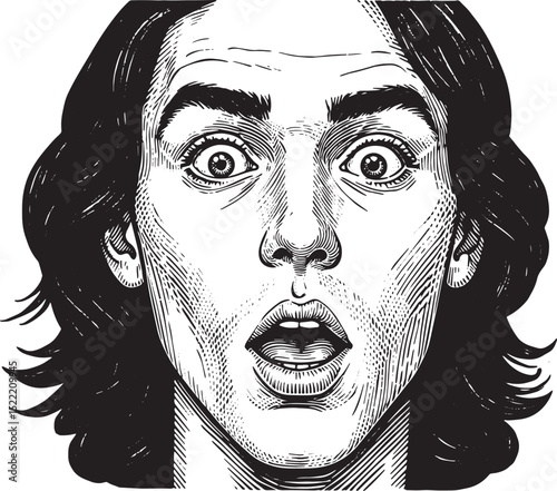 Woodcut Illustration of a Surprised Man's Face with Wide Eyes an