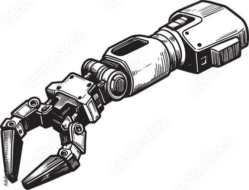 Detailed Woodcut Style Illustration of a Robotic Gripper Arm