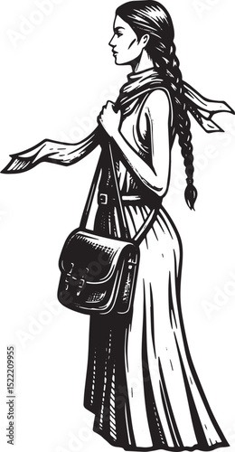 Elegant woodcut illustration of a woman embarking on a solo jour