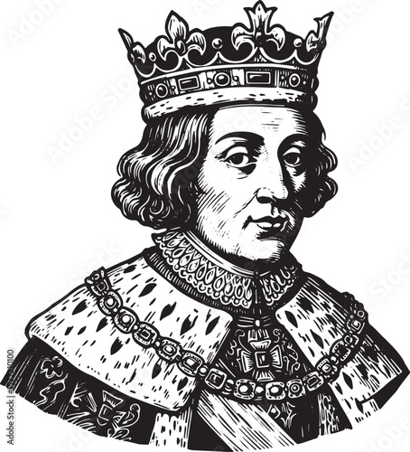 Elegant woodcut illustration of a monarch with crown and royal a