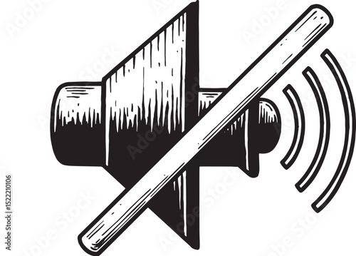 Striking woodcut illustration of a mute speaker symbol in monoch