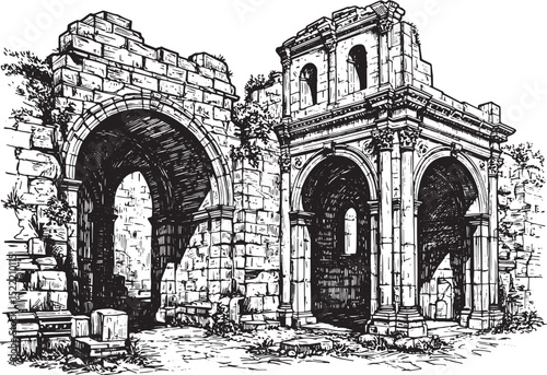 Detailed Woodcut Illustration of Ancient Ruins Featuring Arches