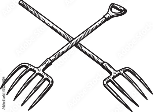 Vintage Style Woodcut Illustration of Crossed Pitchforks in Blac