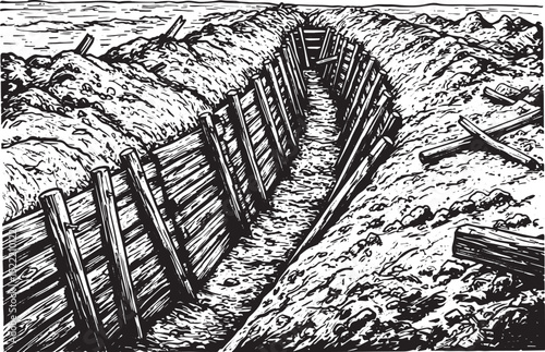 Evocative Woodcut Depiction of World War I Trenches in Stark Bla