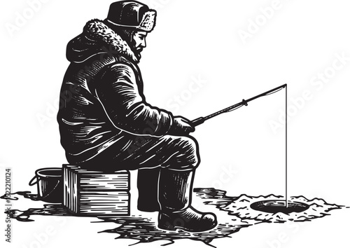 Monochrome woodcut style illustration of a man ice fishing durin