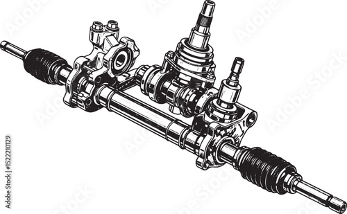 Intricate Black and White Woodcut Illustration of a Steering Rac