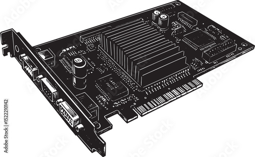 Monochrome woodcut of a retro video card, showcasing vintage com