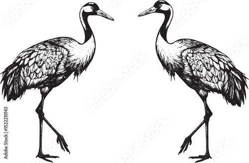 Elegant pair of red-crowned cranes in artistic black and white w