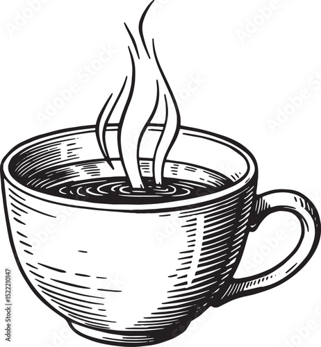Elegant Woodcut Illustration of a Steaming Cup of Hot Tea on Whi