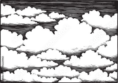 Monochrome Sky Dream: Black and White Woodcut Illustration of Pu