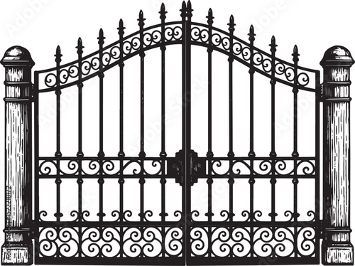 Ornamental Iron Gate with Stone Pillars, Detailed Woodcut Style