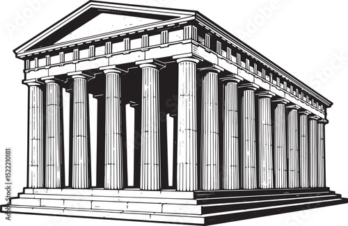 Striking monochrome illustration of a classical greek temple fac
