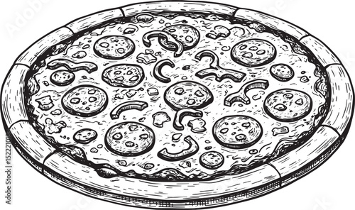 Delicious pizza illustration in black and white for culinary pro