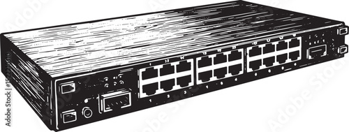 Monochrome Woodcut Illustration of a Network Switch with Detaile