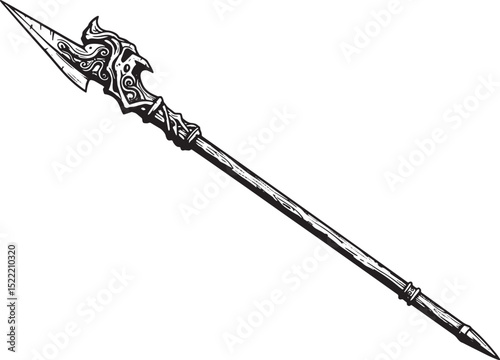 Ornate Warrior's Spear Illustration, Crafted Wood and Metal Weap
