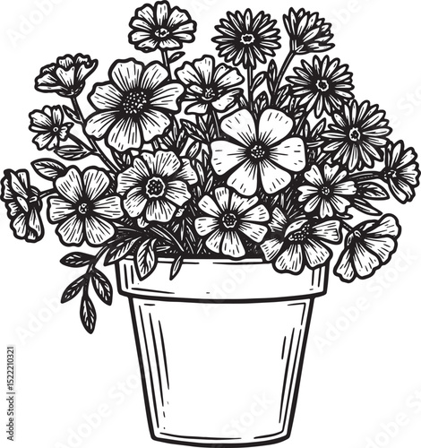 Elegant flowerpot sketch: a monochrome floral display in a class