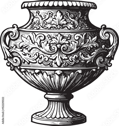 Detailed Woodcut Drawing of a Renaissance Era Ornate Vase Design