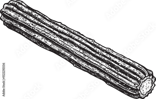 Detailed woodcut illustration of a single, crispy churro stick o