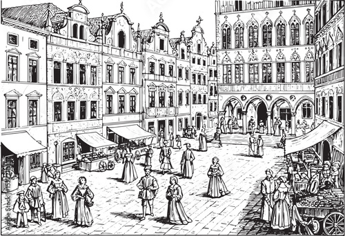 Detailed woodcut illustration capturing a bustling renaissance e