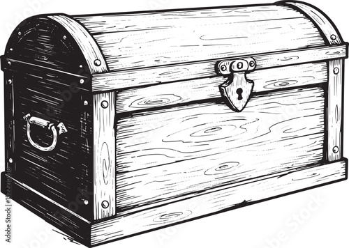 Detailed woodcut style illustration of an antique wooden treasur