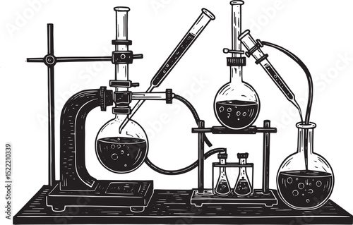 Intricate linocut showcasing a detailed chemical laboratory setu