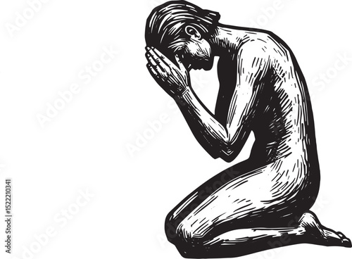 Monochromatic woodcut style illustration of a kneeling figure in
