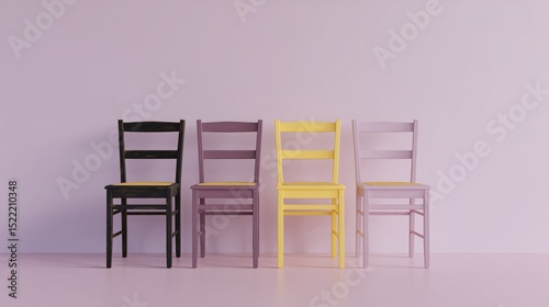 Four chairs of different colors standing next to each other on the floor in the studio, pastel purple background