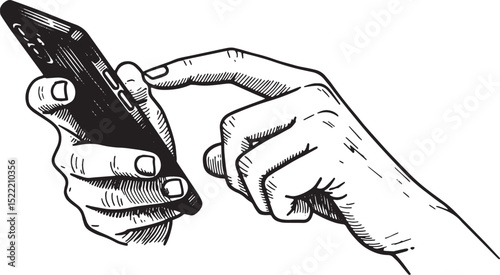 Engraved illustration showing interaction with a smartphone devi