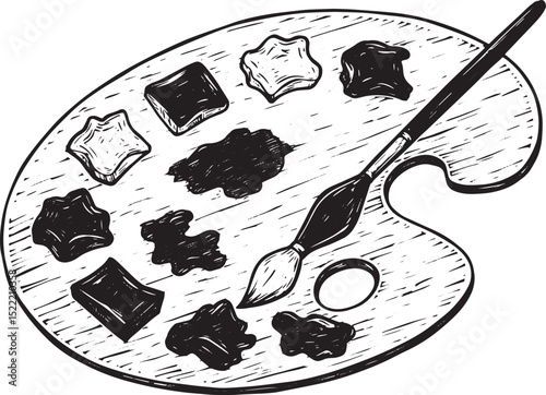Monochrome artwork: Classic artist's palette with brush and colo