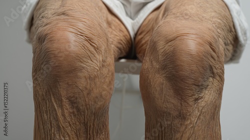 Knees and legs of an elderly woman with thick, wrinkled skin. Senior woman with dry and discolored skin from age spots. Deep fine lines and folds, loose skin photo