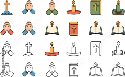 Christian faith elements illustration featuring crosses prayer hands candles and bible