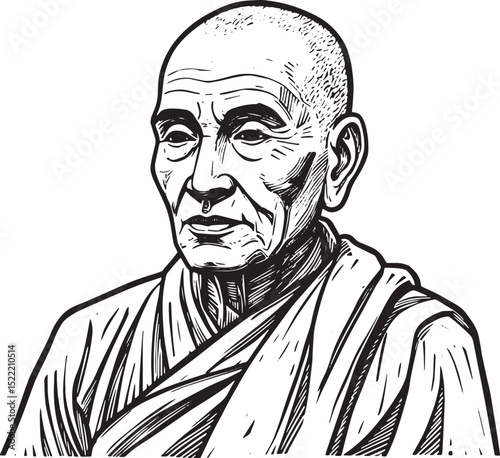 Detailed Woodcut Illustration of a Spiritual Leader in Black and