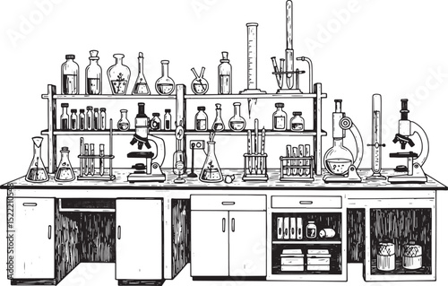 Detailed woodcut illustration of a vintage science laboratory se