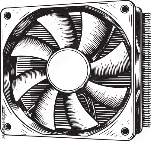 Detailed Woodcut Illustration of a Computer CPU Fan in Black and
