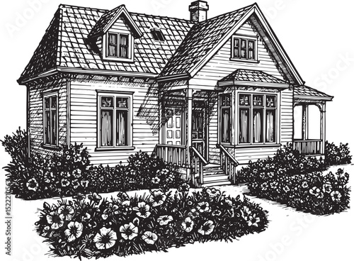 Charming Home with Flower Garden, A Detailed Black and White Woo