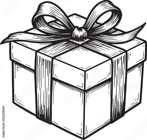 Monochrome Woodcut Illustration of a Gift Box with Ribbon and Bo
